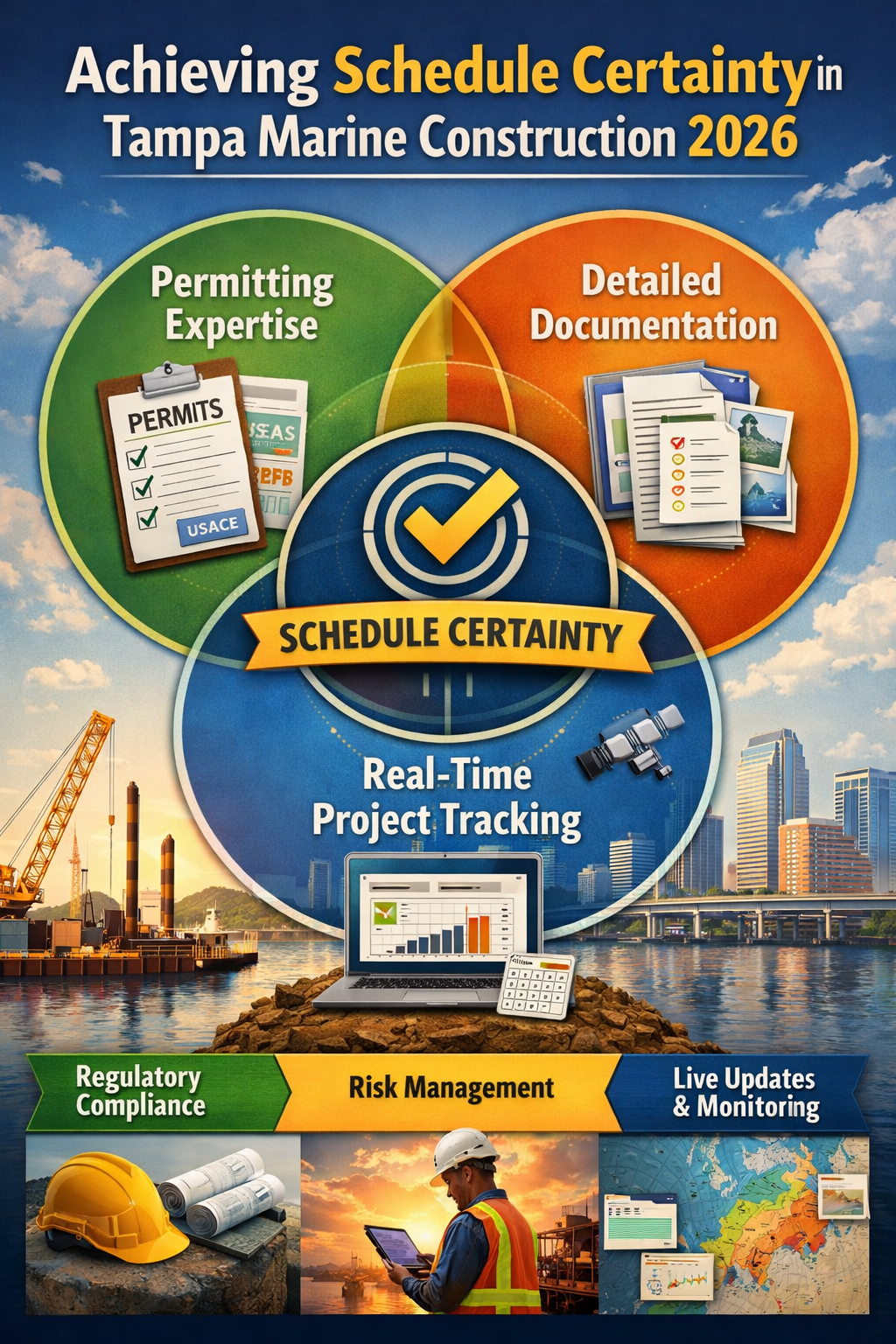 Infographic showing the intersection of marine construction permitting, documentation, and schedule certainty for Tampa Bay developers.