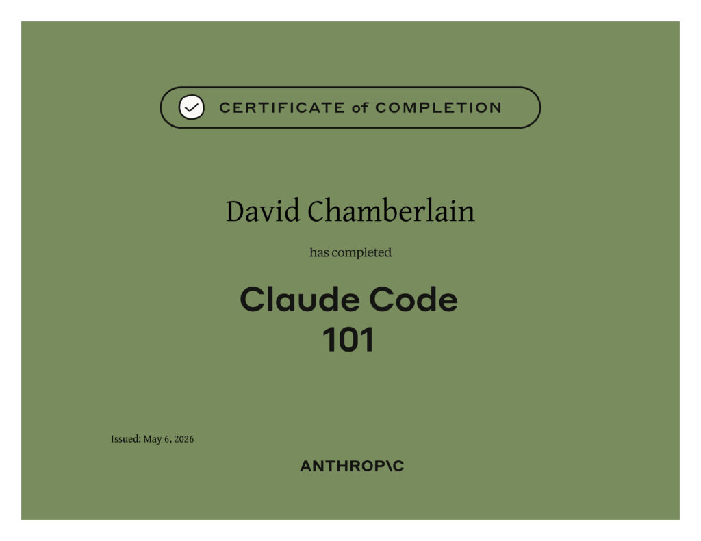 Certificate of Completion for Claude Code 101 for David Chamberlain
